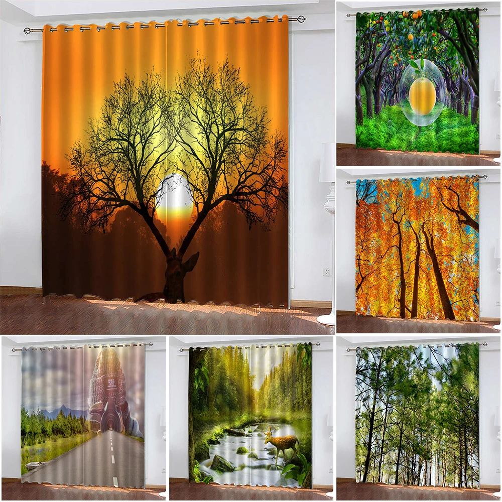 

Luxury Sunset & Trees Print Bedroom Living Room Curtain Biparting Open Blackout Curtain Cortina De Sombra Cotinas De Sala