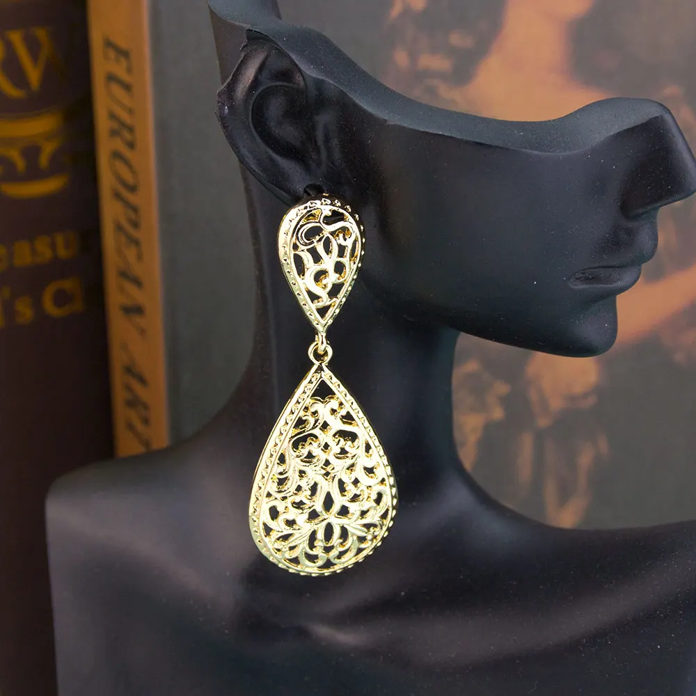 Sunspicems Chic Arabic Women Earring Hollow Arabesque Long Water
