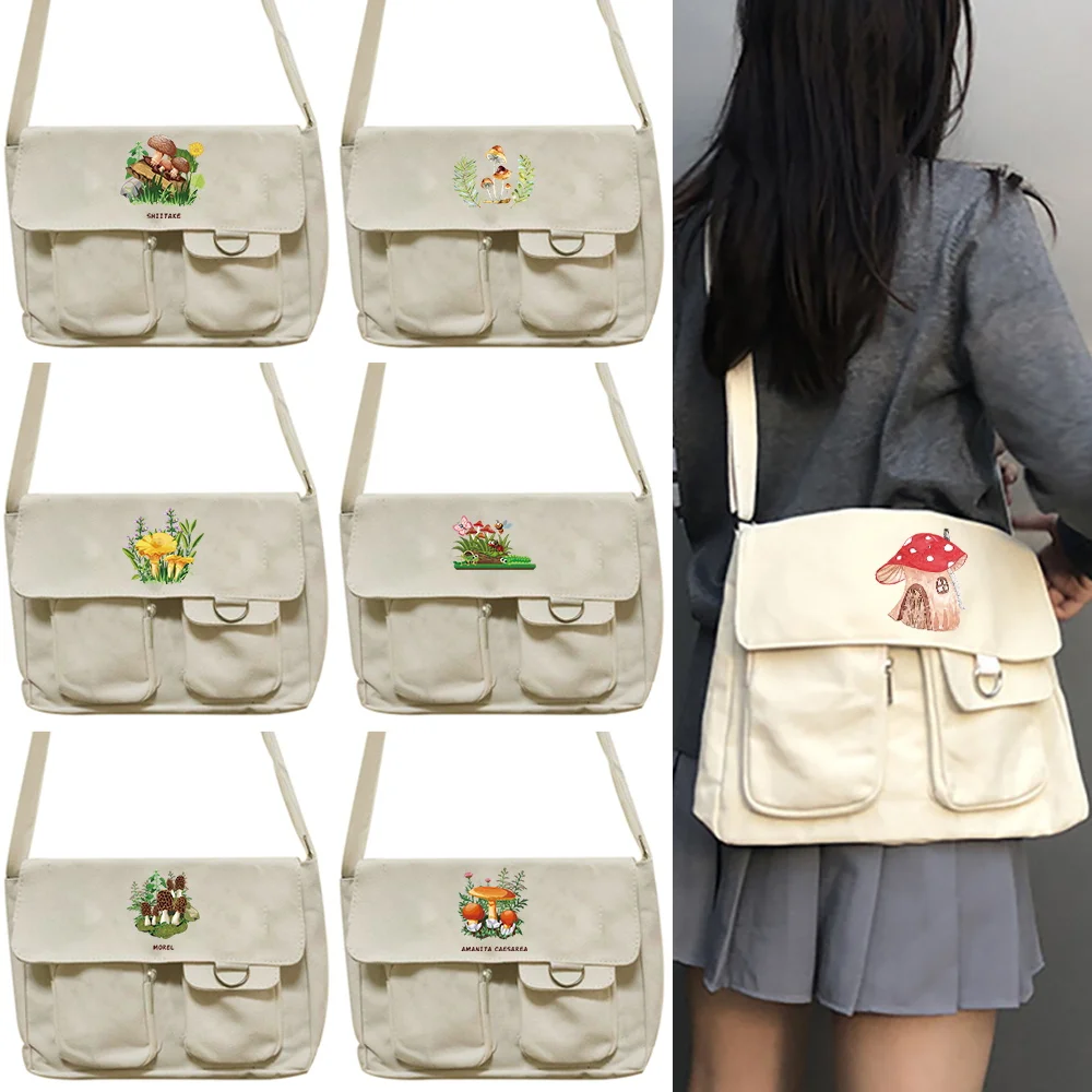 Casual Canvas Messenger Bag Women's Shopping Shoulder Bag Trend Mushroom Letter Print Travel Carry Simple Large Capacity Handbag