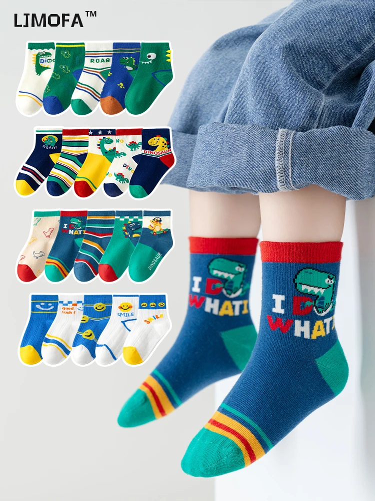 

LJMOFA 5Pairs Children Socks Cartoon Dinosaur Spring Autumn Boys Baby Tollder Knit Warm Cotton Socks for Kids Socks Sport C183