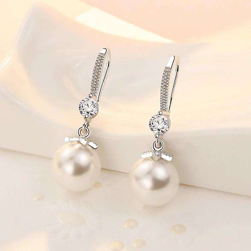 

Fine 925 Sterling Silver Luxury Crystal Zircon Pearl Earrings Charms for Woman Engagement Wedding Jewelry gift