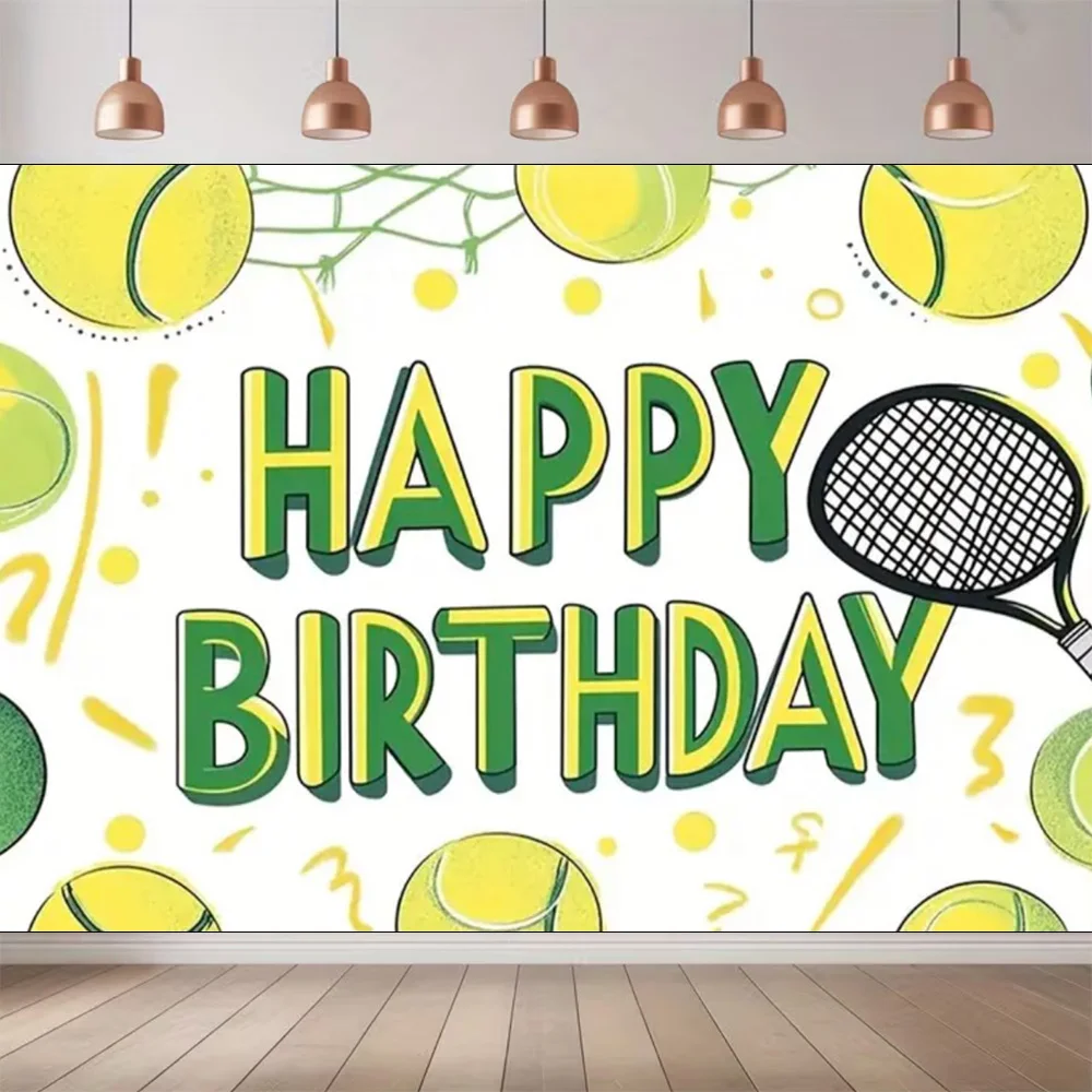 Hintergrund für Geburtstagsparty mit Tennismotiv, leuchtend grüner Tennis- und Schläger-Hintergrund, Geschenkartikel für Kinder, Fotostudio – Detail 14