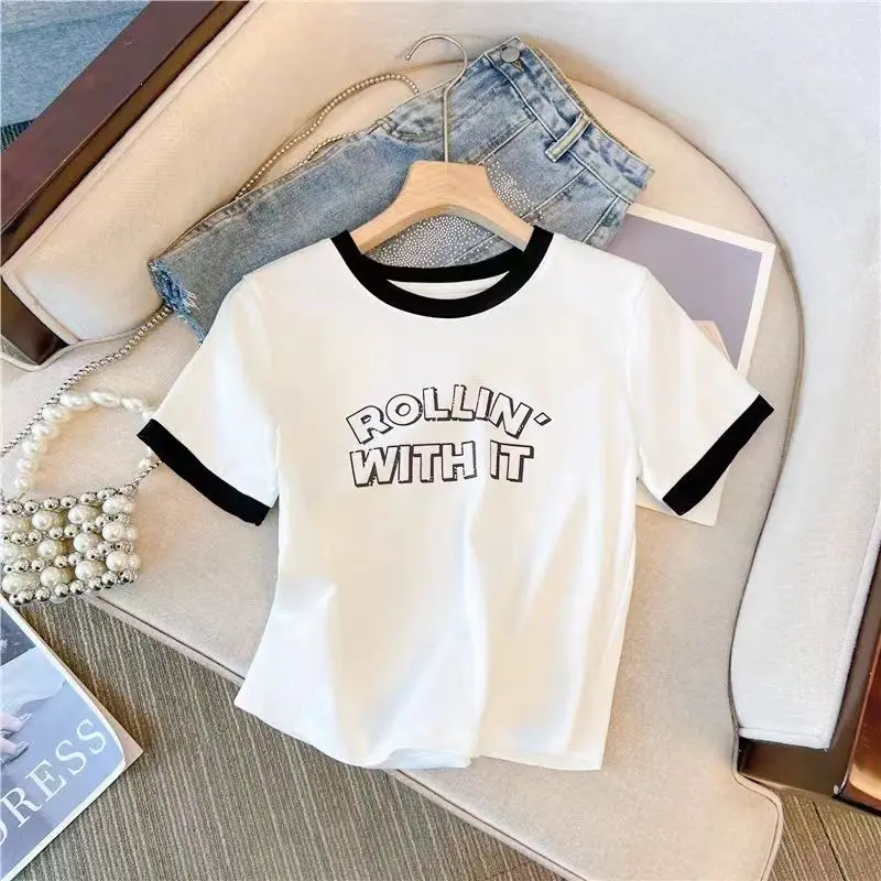 

Girls Summer Color Matching Short Sleeved T-shirt 2023 New Letter Printed Short Sleeved T-shirt Pure Cotton Top