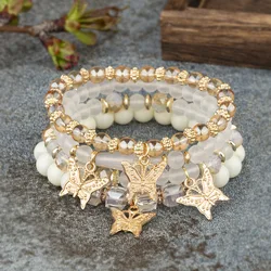 Elegant Bohemian Butterfly Beaded Bracelet Set - Pink Acrylic Beads and Elastic Chain Bangle (1)