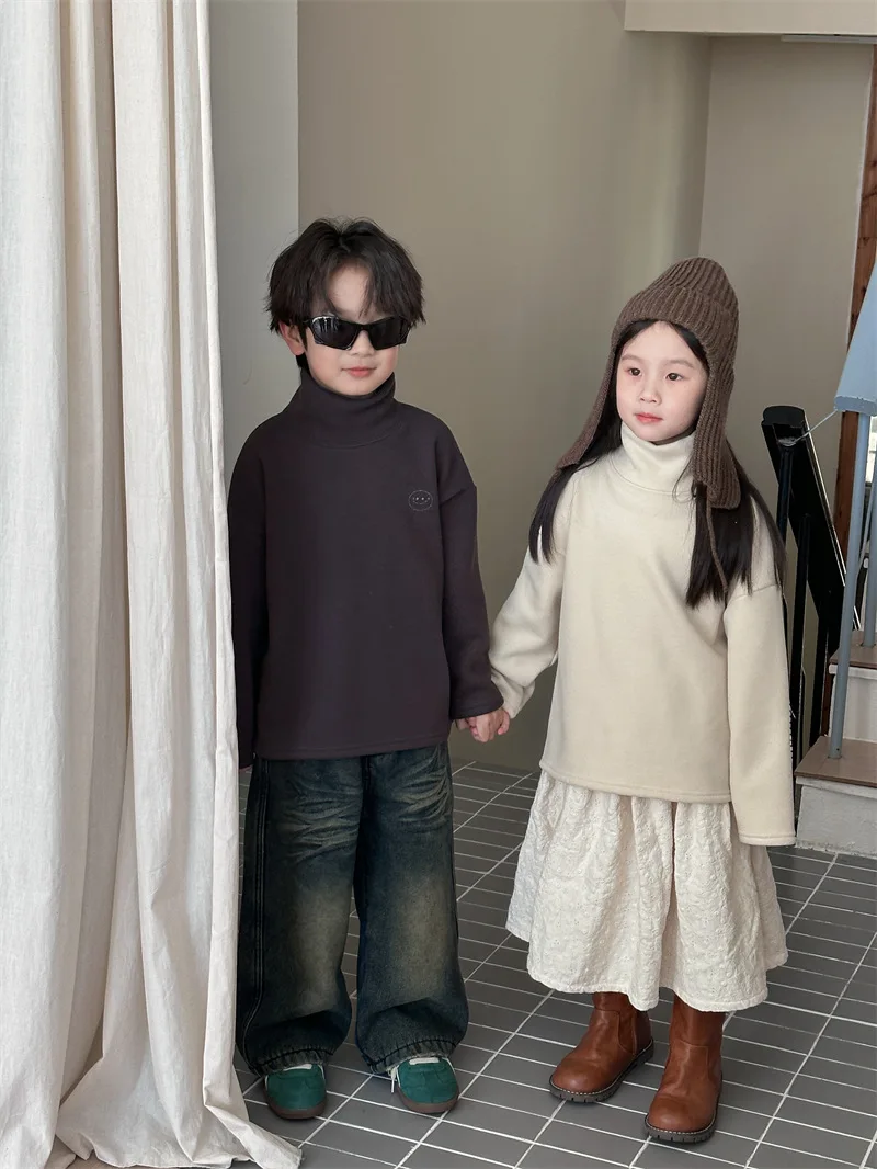 

Children Plush Bottom Sweater 2023 Winter New Korean Style Fashion Boys Girls Plush Bottom Sweater with Thick Long Sleeves