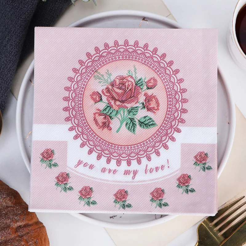 Lover Heart Rose Printed Paper Disposable Wedding Handkerchief Tableware Napkin Tissues 20Pcs/pack Party Decoration