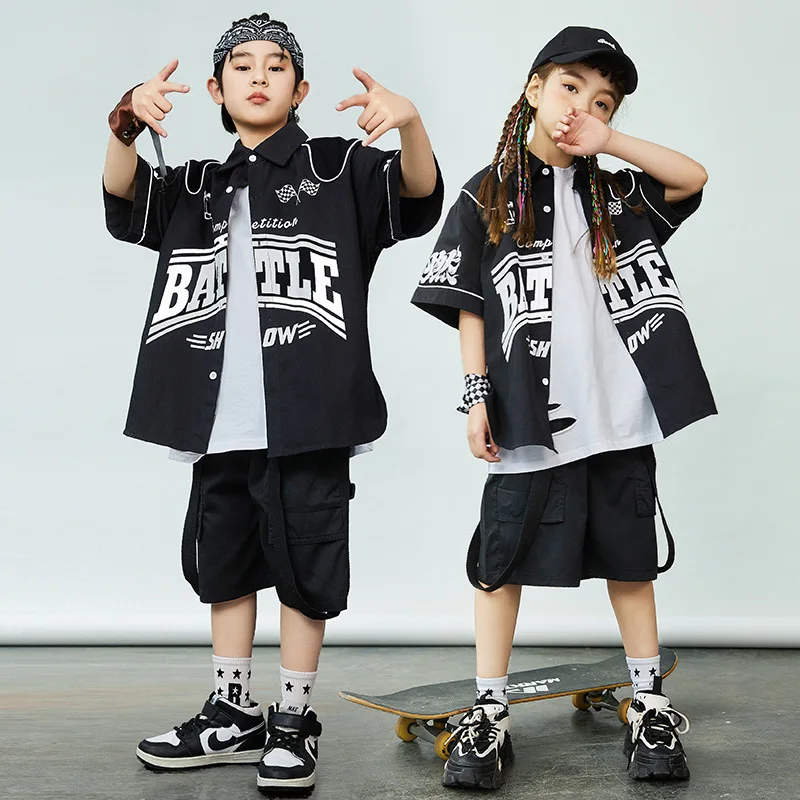 

Kids Hip Hop Clothes Sets Black Letter Short Sleeve Lapel Shirt + Shorts Boys Street Dance Costume Girls Jazz Performance Suit