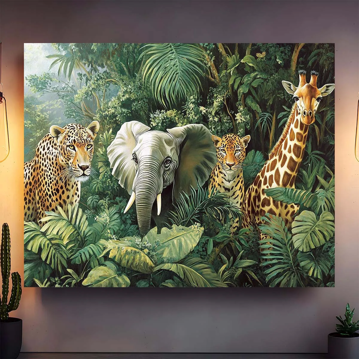 Hintergrundtuch mit Dschungelabenteuermotiv, mit Elefanten, Leoparden, Giraffen und üppiger Grünlandschaft – Detail 6