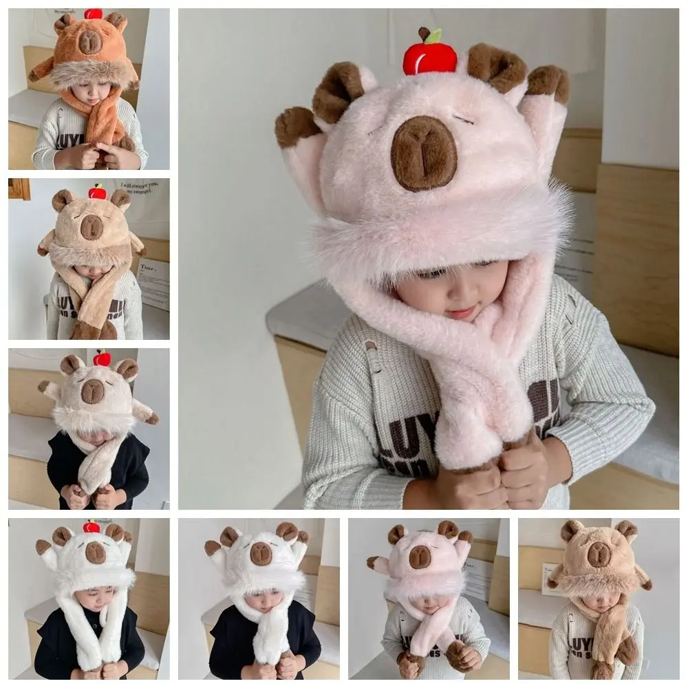 Windproof Kids Ear Protection Hat Movable Ears Soft Plush Hat Scarf Set Thickened Integrated Children's Pullover Cap Boys/girls