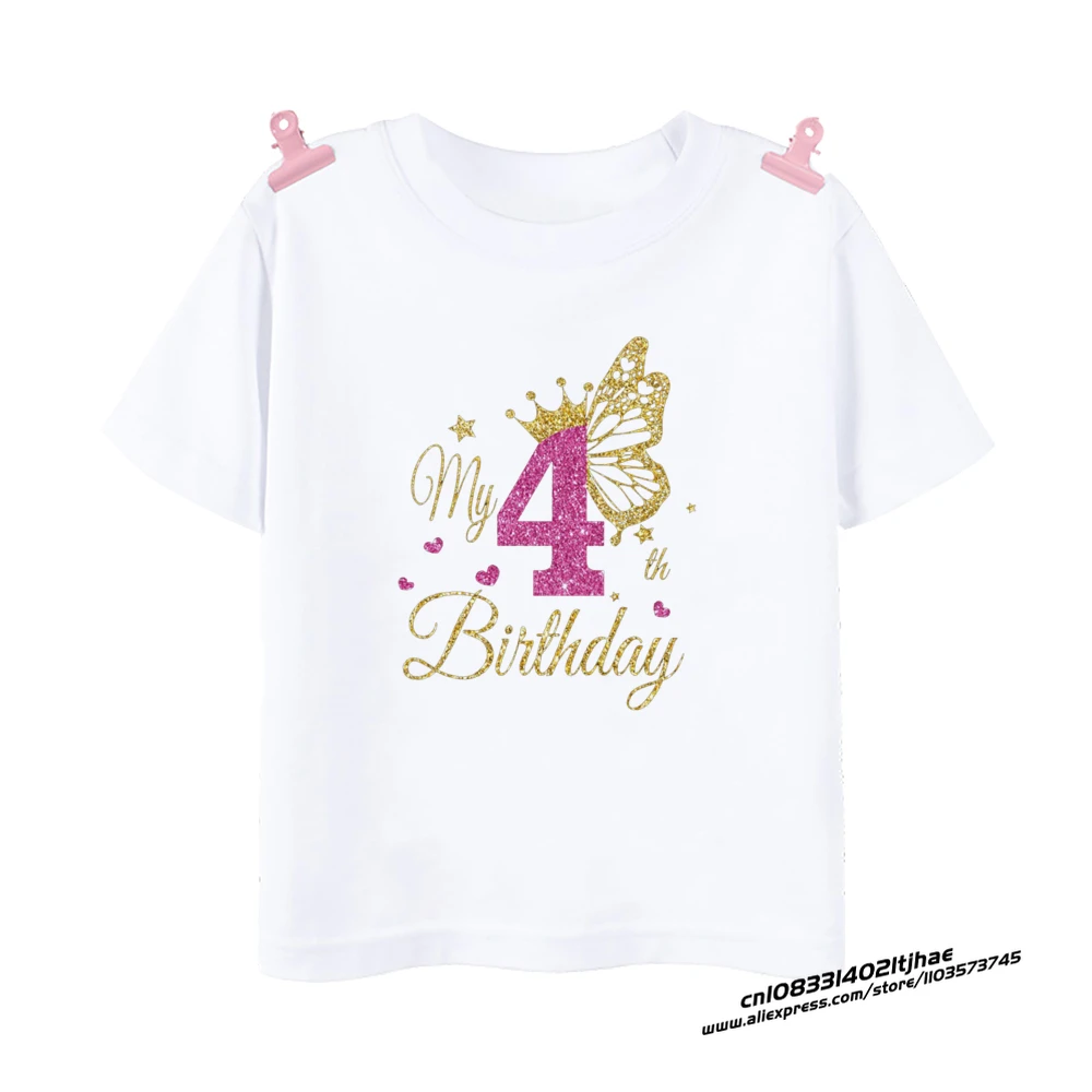 Girls Birthday Shirt 1-12 Birthday T-Shirt Wild Tee Girls Party T Shirt Butterfly Printed Clothes Kids Gifts Fashion Tops Tshirt 6