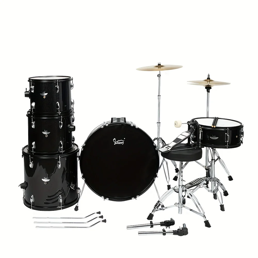 Glarry Full Size Adult Drum Set 5-Piece Black With Bass Drum, Two Tom Drum, Snare Floor Tom, 16" Ride Cymbal,