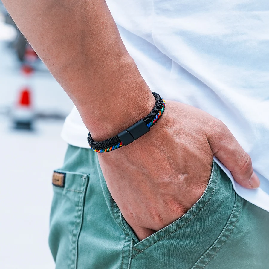 Handmade Fabric Mens Rope Bracelet with Magnetic Buckle