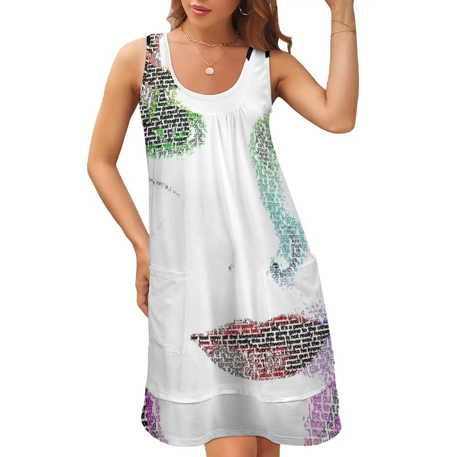 

Портрет Дори Амос (с текстом песни от девушки-кукурузки), без рукавов, с U-образным вырезом, имитация двух частей, летнее платье, корейские женщины