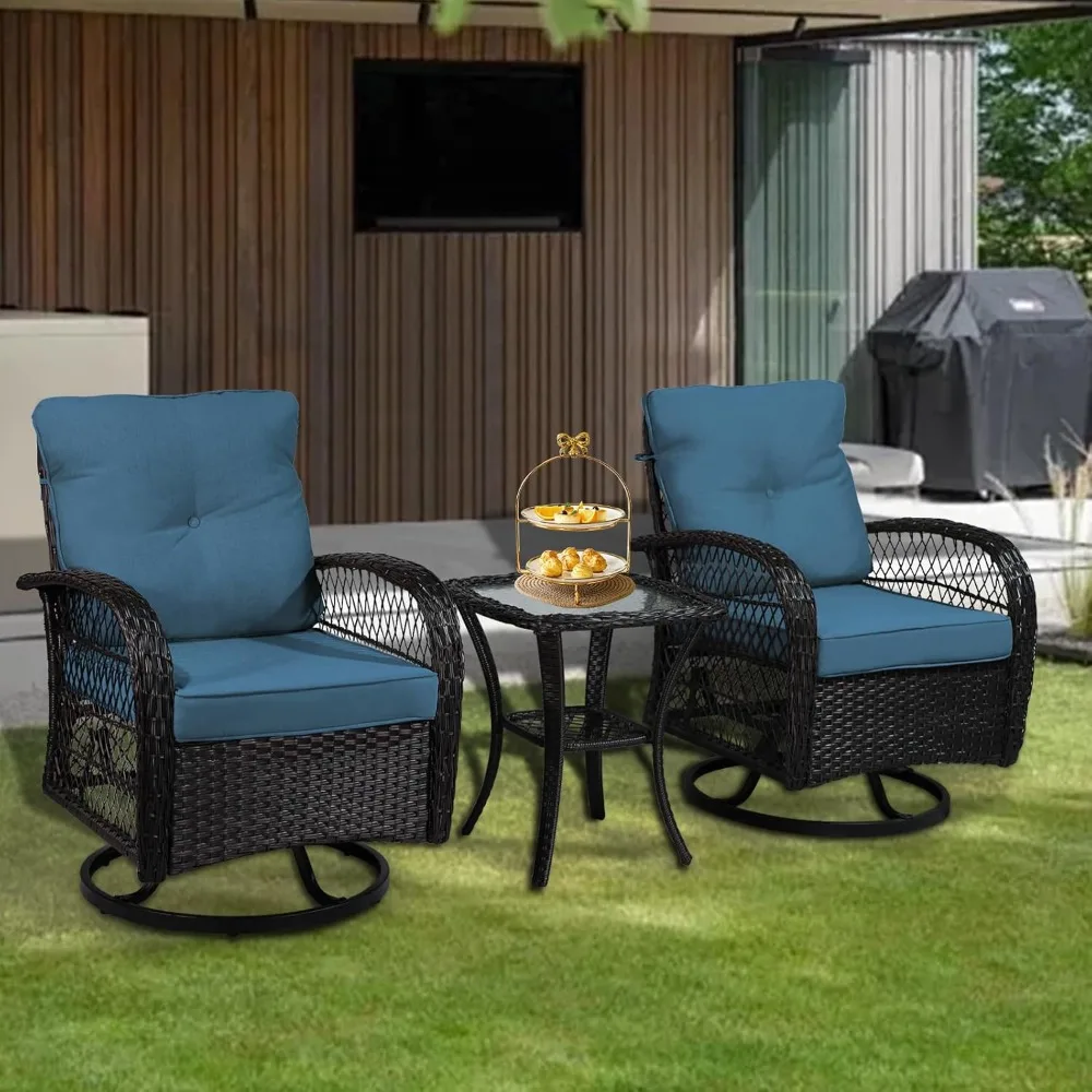 3 Pieces Patio Furniture Set, Outdoor Wicker Patio Chairs with Thick Cushions and Glass Coffee Table, Modern Conversation Set 3
