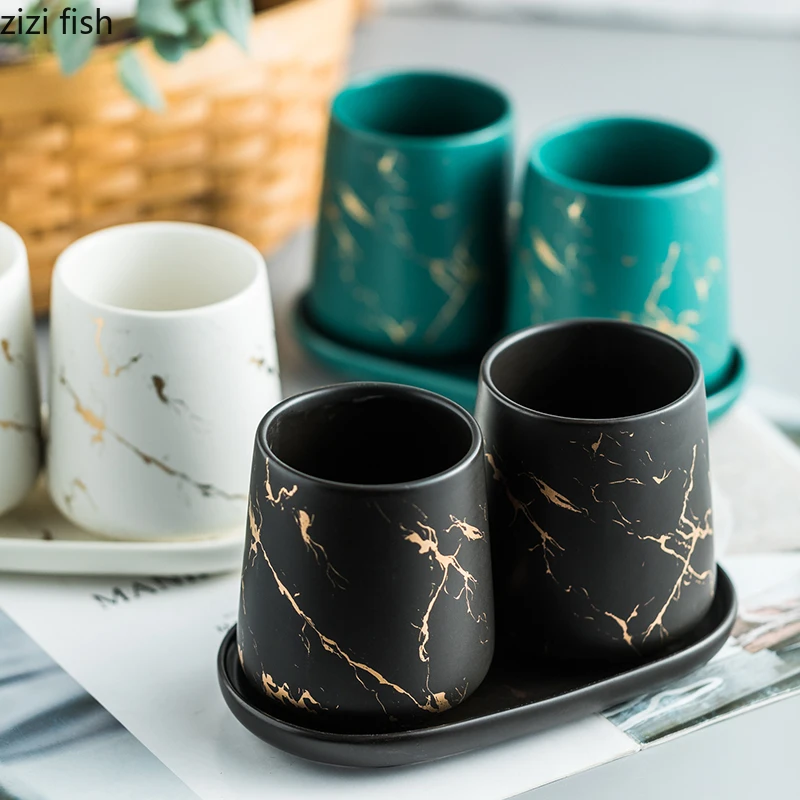 Ceramic Bathroom Tumbler With Gilded Marble Texture Set_voghion.com