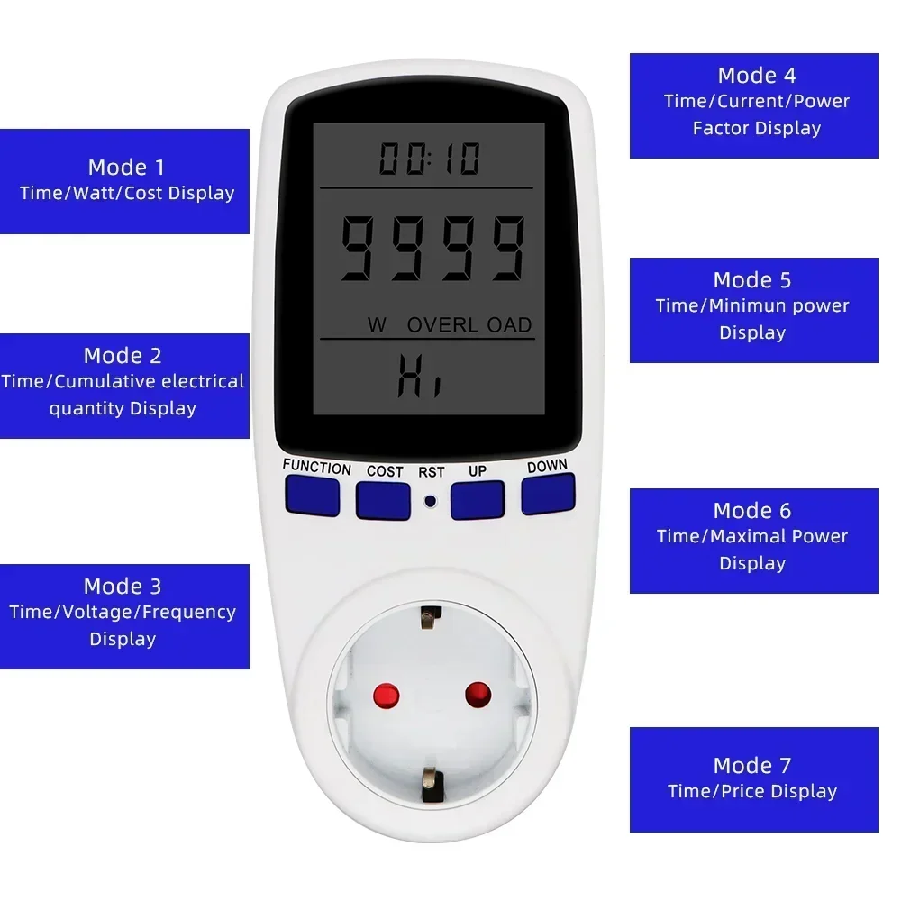 Power Meter Energy Meter 220V Digital LCD Wattmeter Socket Wattage Kwh Measuring Outlet EU Plug Overload Protection 7 Display Models