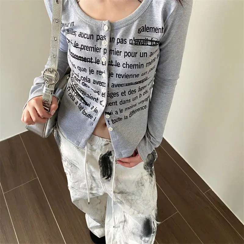 

HOUZHOU Vintage Grey Crop Tshirt Women Grunge Y2k Streetwear Harajuku Long Sleeve Short Zipup T-shirts Korean Fashion Aesthetic