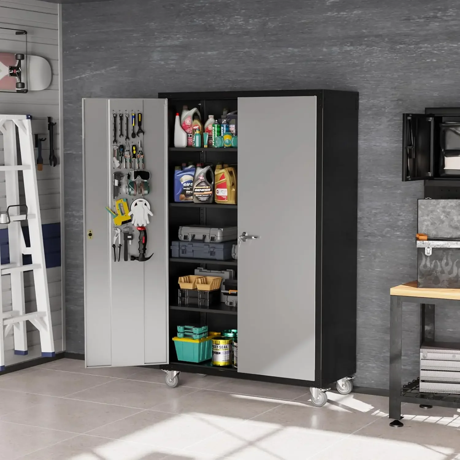 Upgraded Wide & Deep Garage Storage Cabinet Metal Storage Cabinet with Pegboards Wheels Locking Doors and Adjustable Shelves