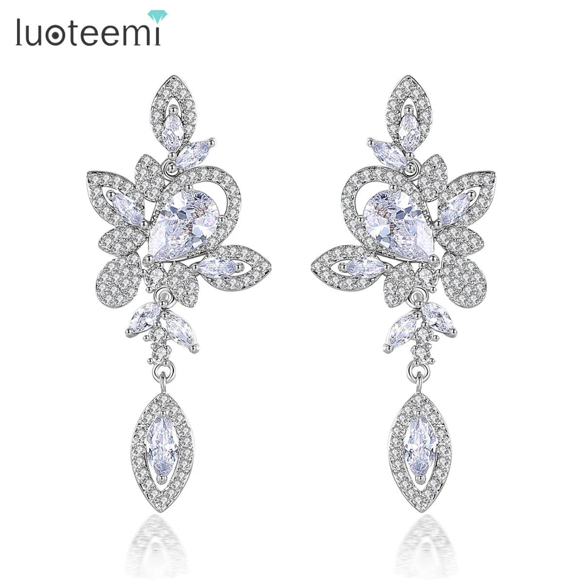 

LUOTEEMI Multiple Flowers Long Tassel Drop Earring Top Quality Cubic Zirconia Jewelry Big Wedding Bridal Accessories Daily Gift