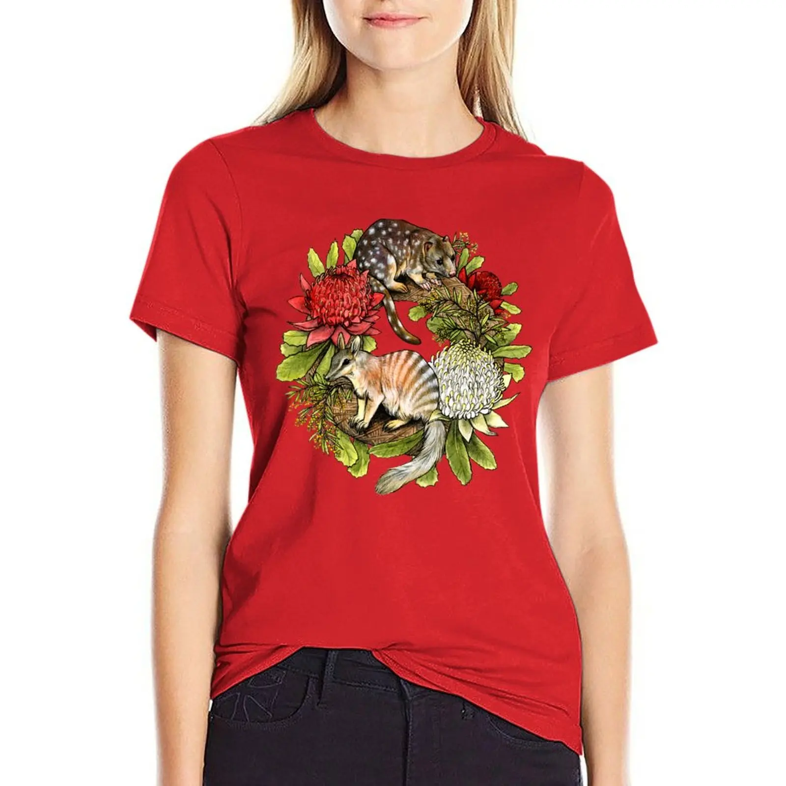 

Quoll and Numbat Australian Christmas Wreath T-Shirt plain t shirts for Women Women's tee shirt