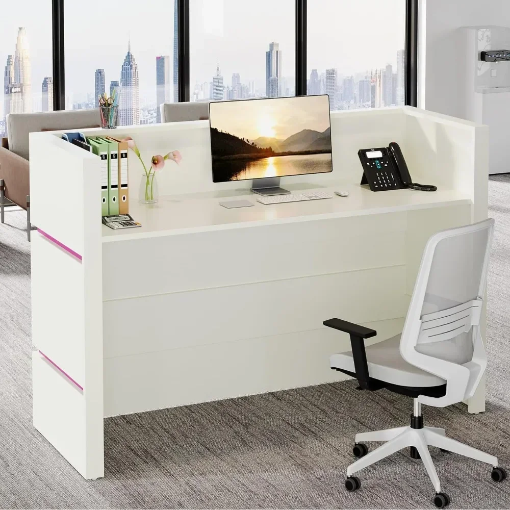 Modern Reception Desk LED Lights, 55.12-Inch Modern Front Desk Reception Counter, Checkout Counter for Reception Room, Lobby