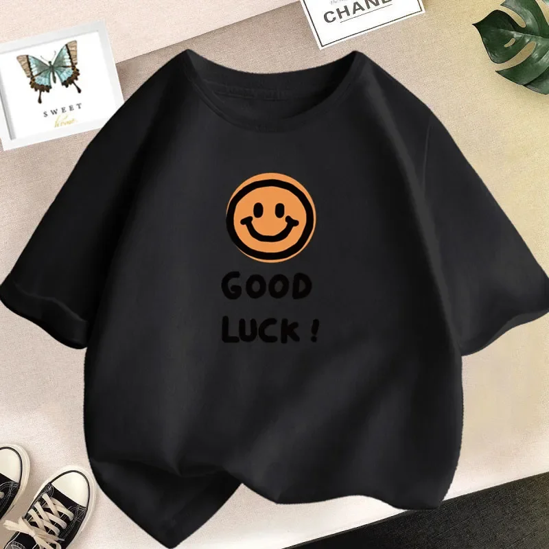 thumbnail image 1 of Camiseta de algodón con estampado de sonrisas para niñas, camisetas informales de verano de manga corta con cuello redondo para niños, camisetas para bebés, ropa para niños, 1 of 5
