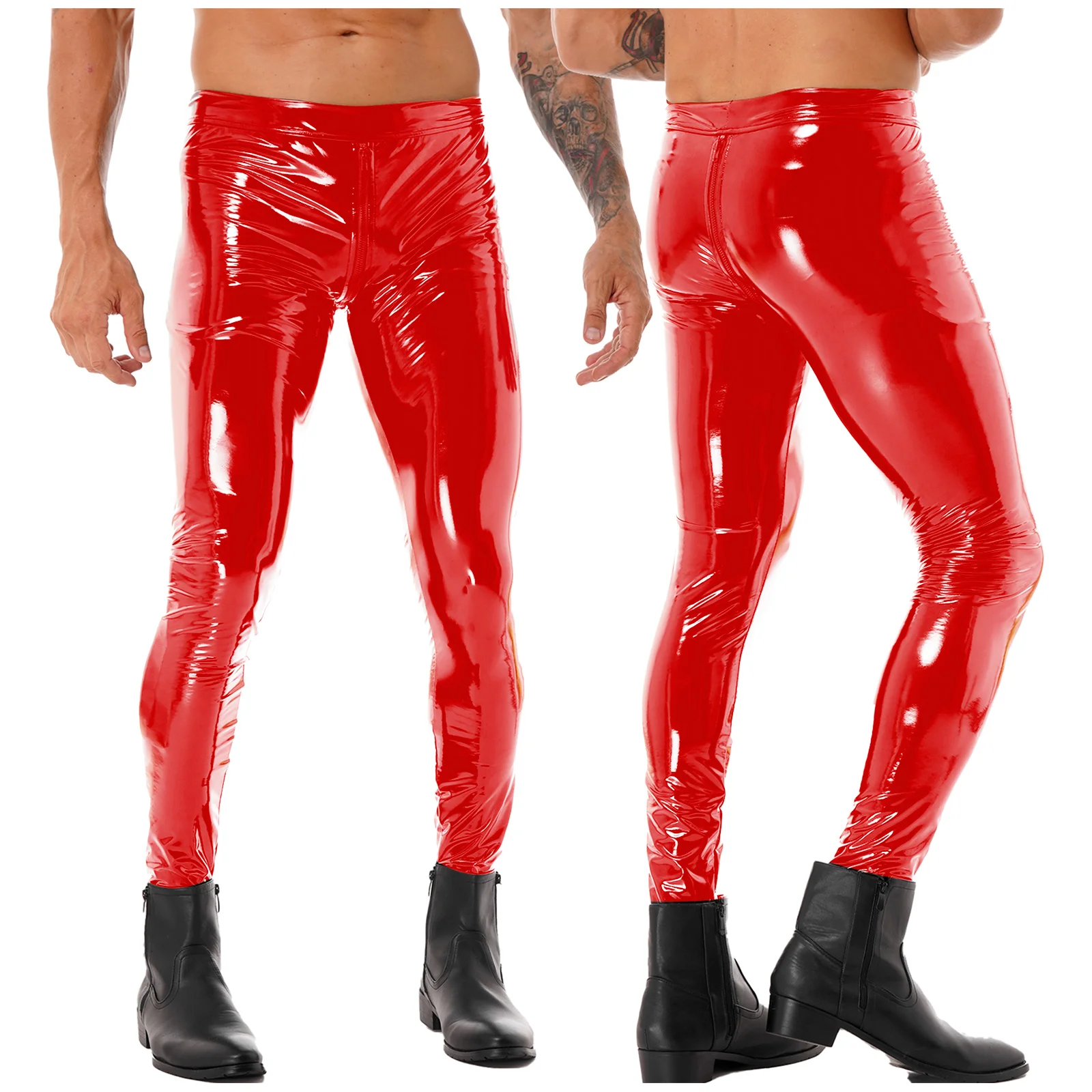 Men Soft Faux Leather Pants Metallic Wet Look Fitted Trousers Party Clubwear