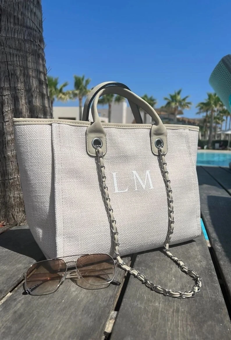 Personalised Light grey/beige Monogram Canvas Tote Bag Initial Beach Handbag Birthday Gift Chain tote bag Xmas Custom Bride Bags personalised large monogram jute bag beach bag gift for her market tote bag jute tote bag reusable shopping lunch bag