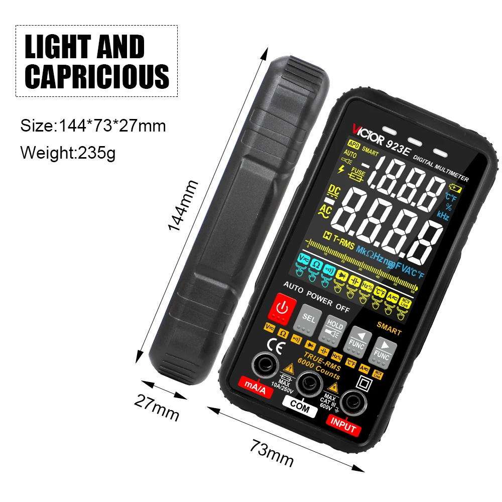 Victor 923E Digital Multimeter Colorful Screen 6000 Counts Voltage Current Amperes Resistance Capacitance Temperature Smart Test