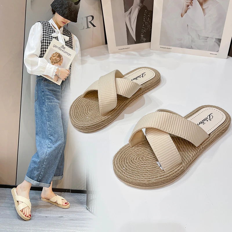 

Ladies New Slippers Summer Cross Drag Fashion Hemp Rope Outer Wear Slippers Casual Sandals and Slippers