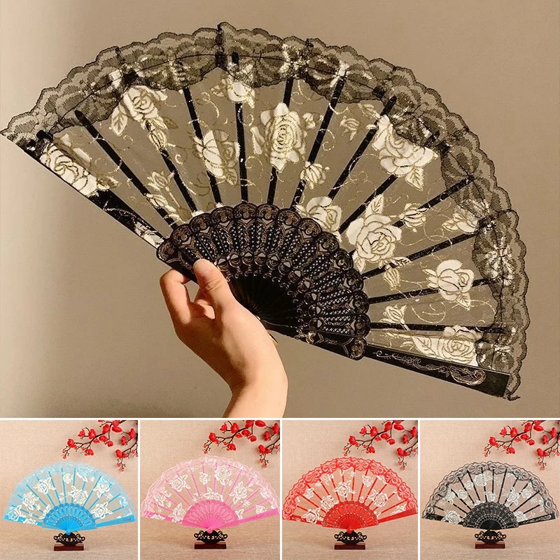 Folding Fan Lace Flower Decor Chinese Style Fan Hand Held Anitque Art Craft Japnese Summer Female Dance Home Party Decoration folding fan hand fan
