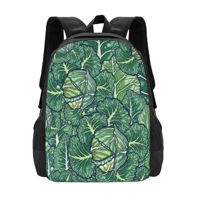 Dreaming Backpacks For School Teenagers Girls Travel Bags Green Vegan Pattern Garden Organic Nature Lettuce Leaves Veins