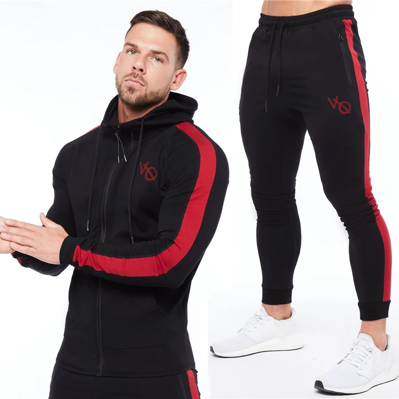 

Men Tracksuit Joggers Gym Sports Fitness Cotton Patchwork Printed Cardigan Zippered Hoodie Sweatpants Two-Piece Set Sportswear