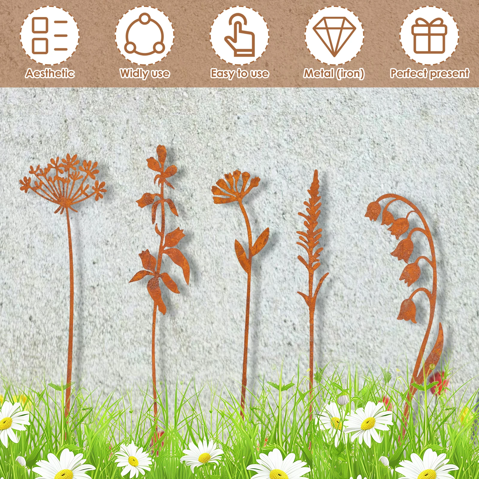 5 Pcs Garden Stake Metal Plant Decorative Ground Stakes Garden Wrought Tron Decoration for Yard Art Outdoor Lawn Porch Pathway