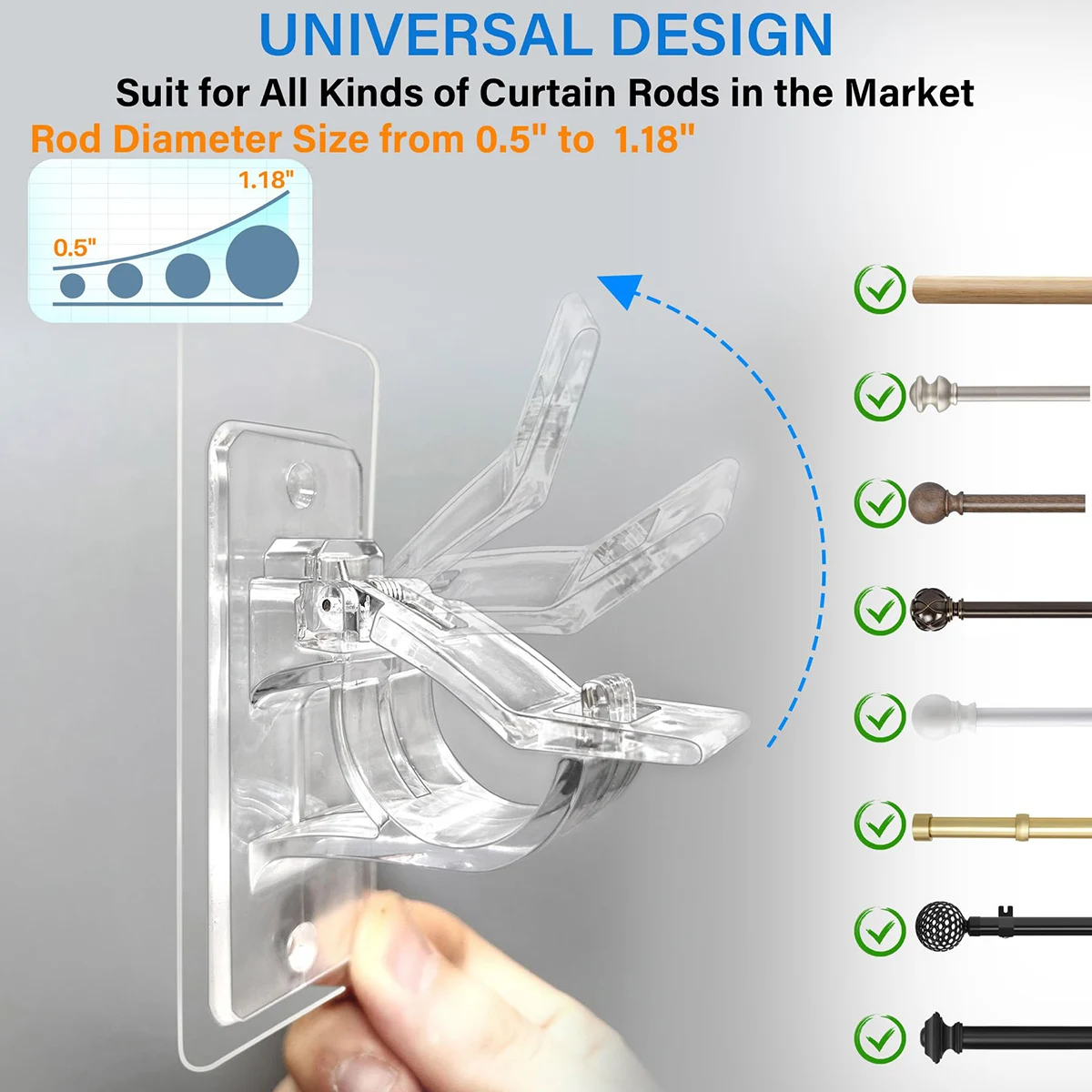 Punch-Free Curtain Rod Clip Hook Hanger Self-Adhesive Curtain Rod Bracket Wall Fixing