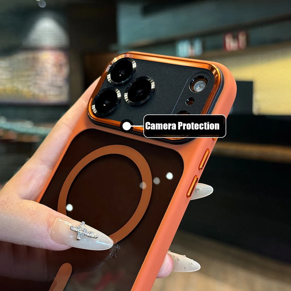 Sleek Clear Acrylic Magnetic Phone Case with Metal Frame and Wireless Charging Compatibility