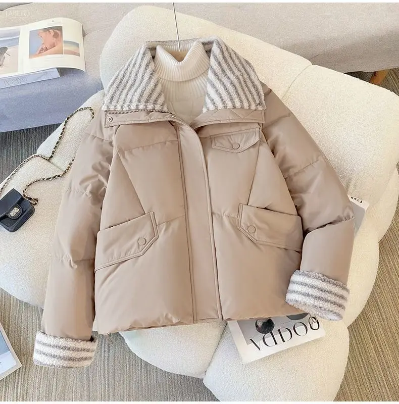 Down Cotton Jacket Women's Short 2025 Lamb Wool New Loose Cotton Jacket Winter Korean Version Thick Bread Jacket Lemon Yellow