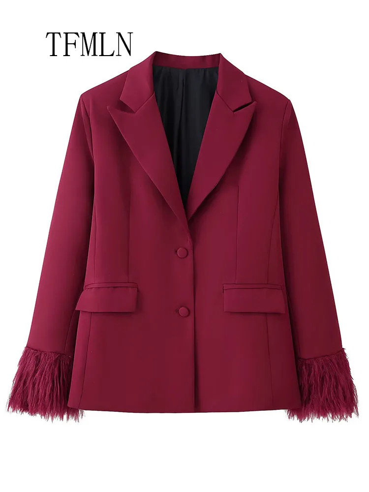 Elegant Women Feathers Blazer Jackets 2025 Autumn Office Ladies Notched Single Breasted Party Coats Fashion Chic Causal Outwears
