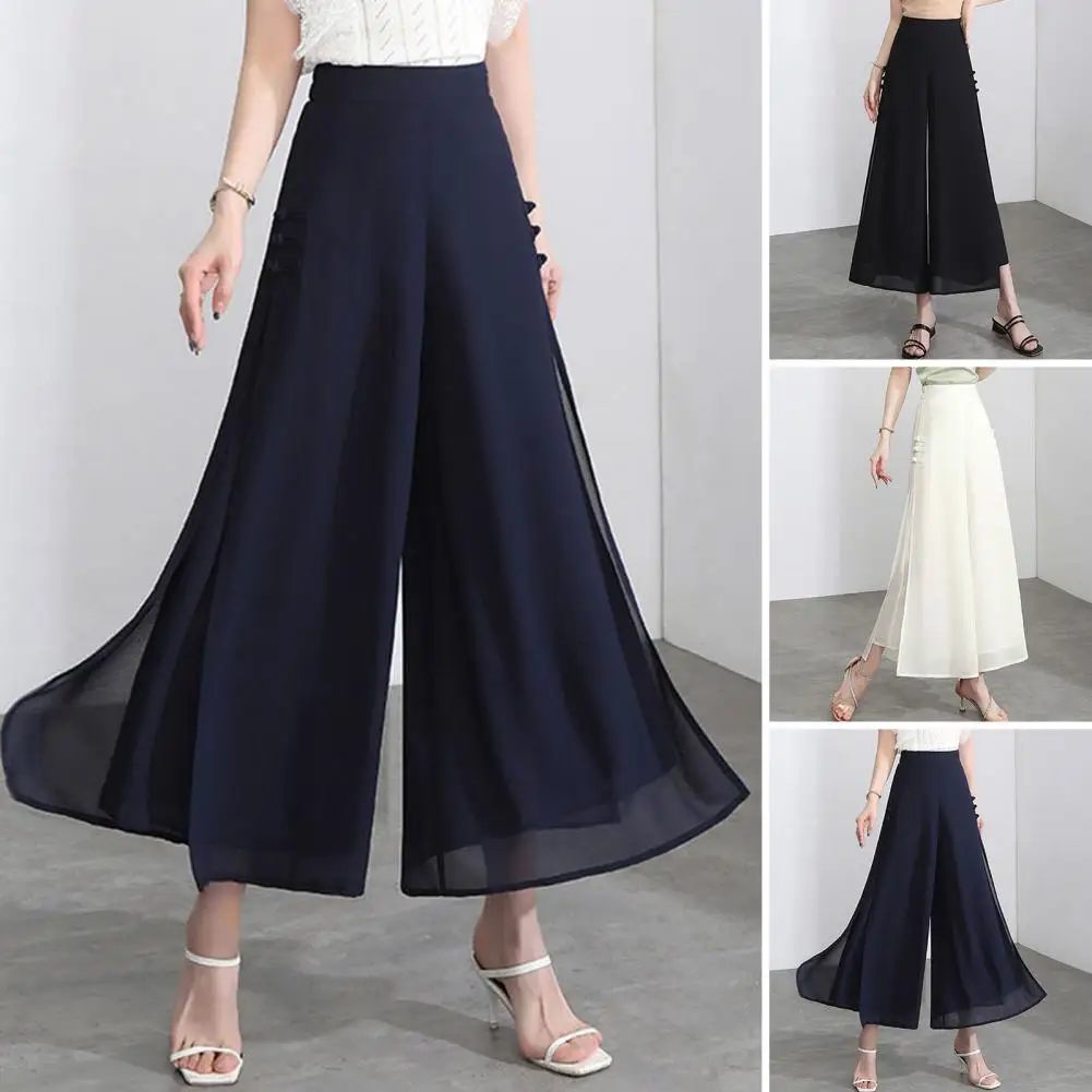 

Button Detail Wide Leg Pants Elegant Women's Chiffon Wide Leg Pants with High Waist Side Split Design Stylish for Loose for A