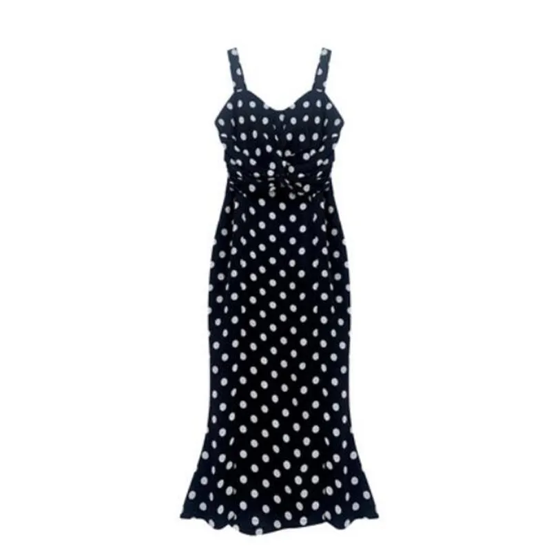 

Fashion Polka Dot Slim Waist Sexy V-Neck Suspender Dress Women Summer French Elegant Split Fishtail Dresses q269