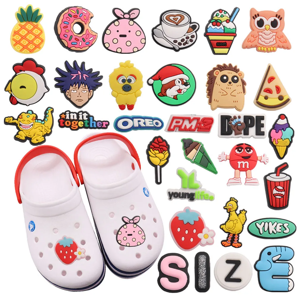 

Mix 50pcs PVC Croc Charms Pineapple Drink Ice Cream Pizza Strawberry Owl Coffee Dinosaur Donut Chicken Sandals Shoes Decoration