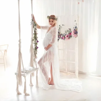 Summer Boho Lace Maternity Dress For Photoshoot Long Train Maternity Pregnancy Photography Props Outfit Dress