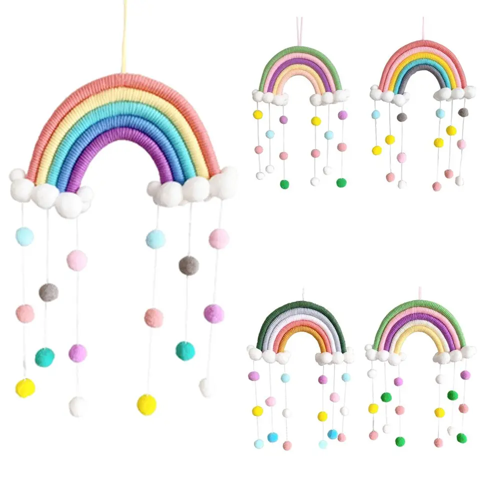 Arcobaleno in vimini pastello con macramè, pannello da appendere alla parete per la cameretta