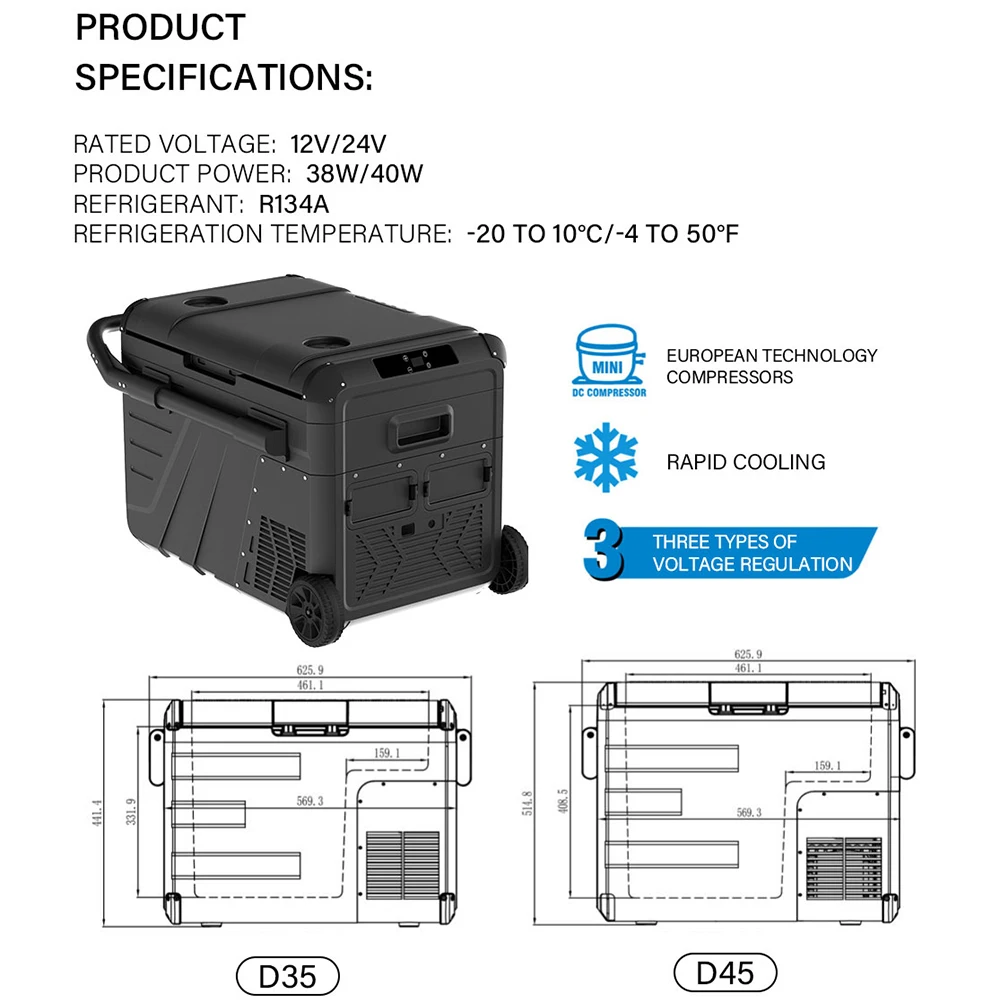 SOW35/45 캠핑카 냉장고 DC 12V/24V 태양광 냉장고 휴대용 미니 냉장고 저전압 보호 기능 포함