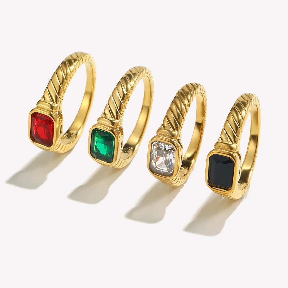 Gemstone Ring Thin Ring Band Texture Engraved Small Square 3A Cubic Zirconia Stone