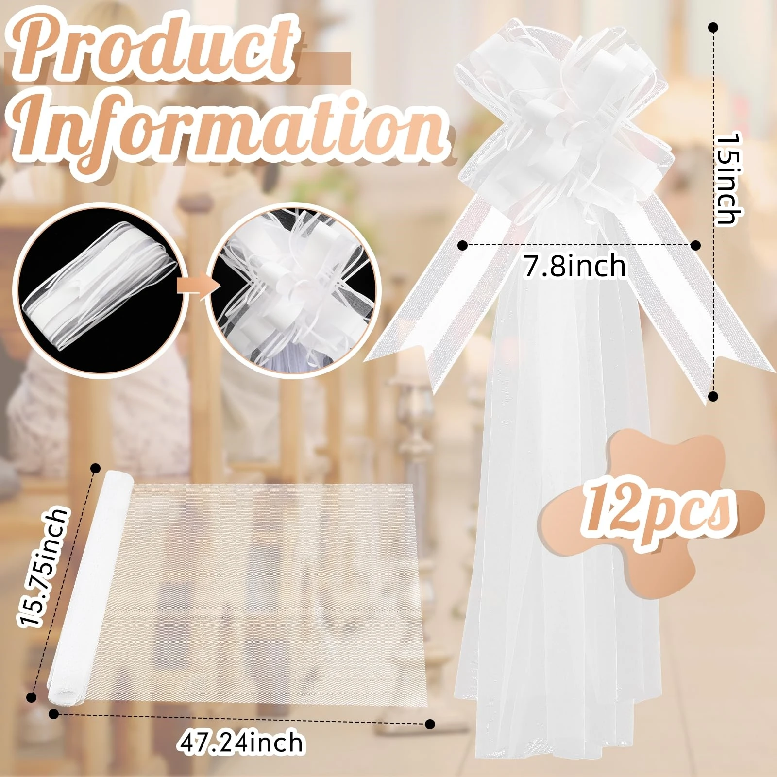 Tulle Wedding Pew Bows Set 5