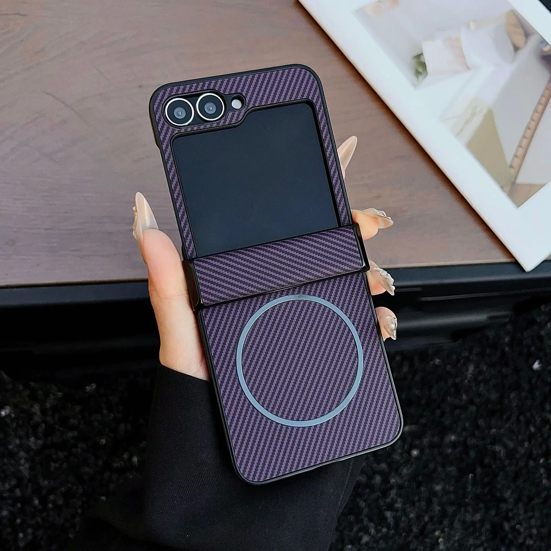 Enhanced Carbon Fiber Texture Magnetic Case - Anti-Shock Slim Wireless Charge with Hinge Protection
