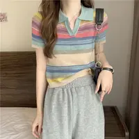 Ice Silk Knitted T-shirts Sexy Crop Top Pretty Short Sleeve Striped Women's Polo Korean Popular Clothes Casual Lapel Female Tee