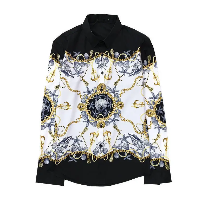 Elegant Fashion Harajuku Slim Fit Ropa Hombre Loose Casual Sport All Match Shirt Pointed Collar Printed Button Long Sleeve Blusa