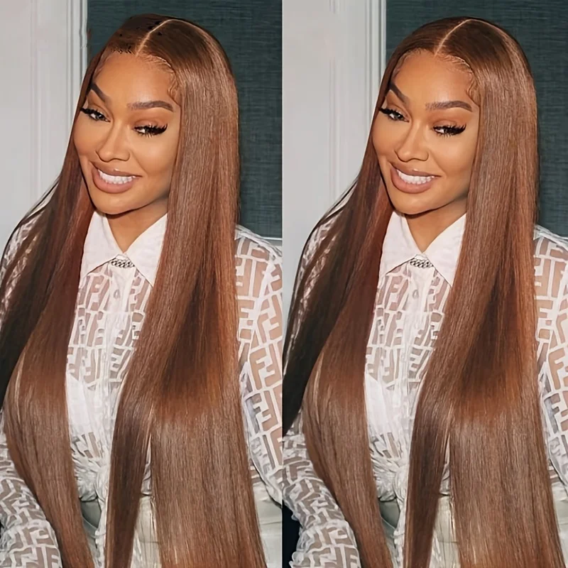 #4 Colored Human Hair Wigs 13x4 Chocolate Brown Bone Straight HD Lace Front Wig 34 Inch Lace Frontal Wig Human Hair Pre Plucked 2